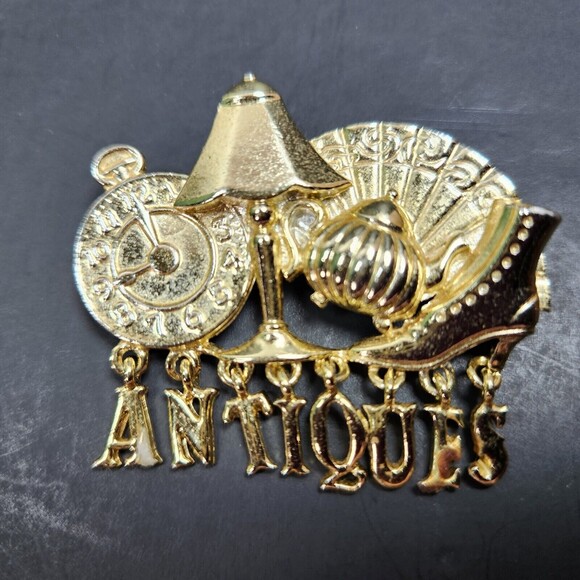 Vintage AJC Antiques Brooch Pin Gold Tone Spell Out Letter Charms 2.25 in. Long - Picture 1 of 9